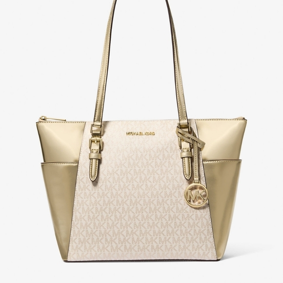 Michael Kors Charlotte Large Signature Logo and Metallic Top-Zip Tote Bag - Picture 1 of 16
